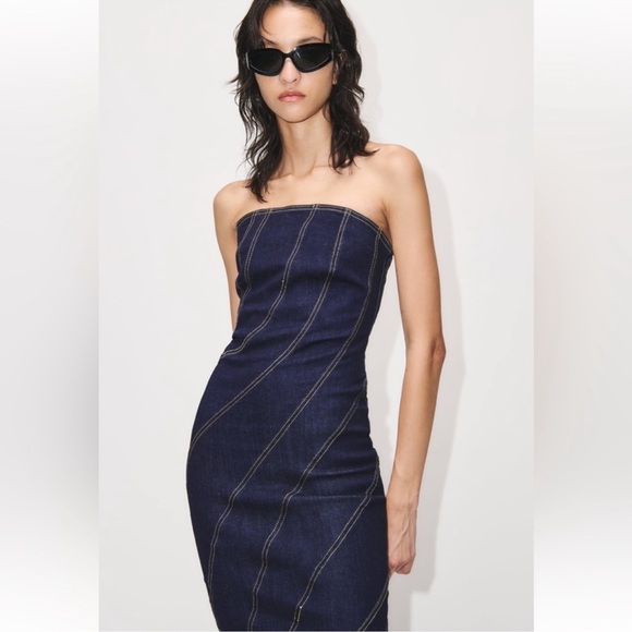 ZARA ZW TOPSTITCHED DENIM DRESS - Picture 2 of 6